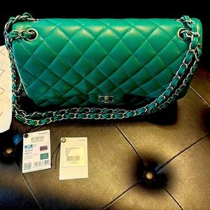 Chanel green classic large silver hardware bag